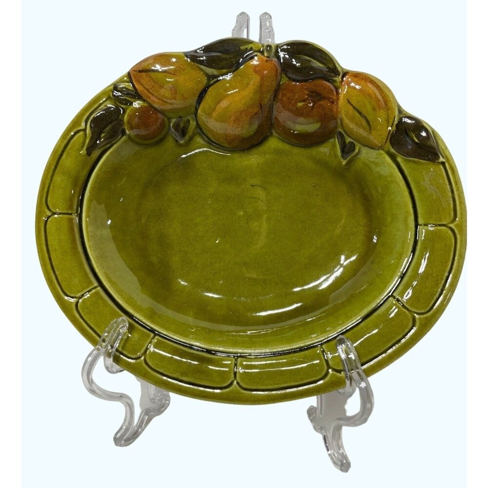 Los Angeles Potteries Vintage Pear Motif Olive Green Oval Ceramic Dish